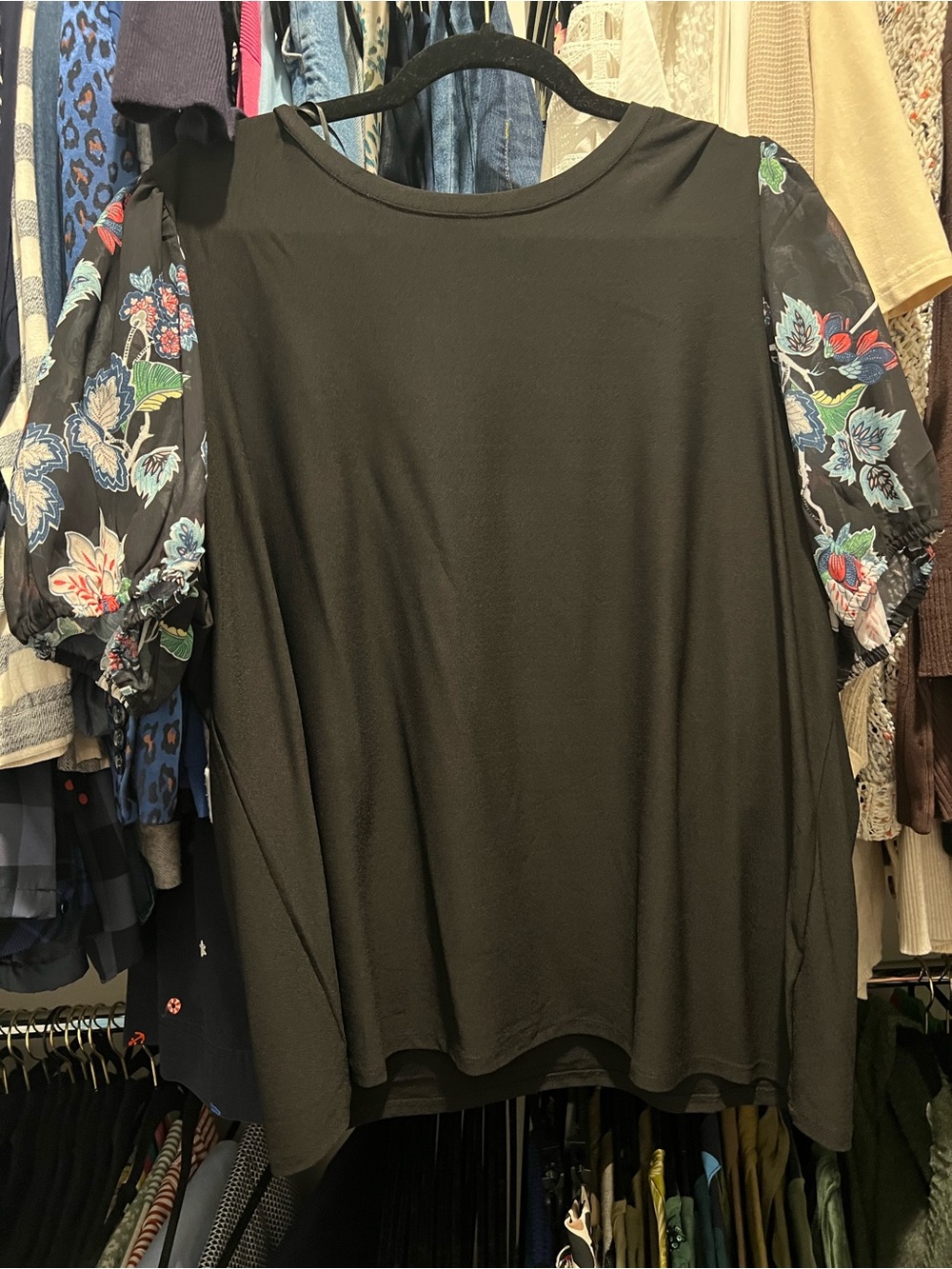 Tahari Black Top with Floral Puff Short Sleeves